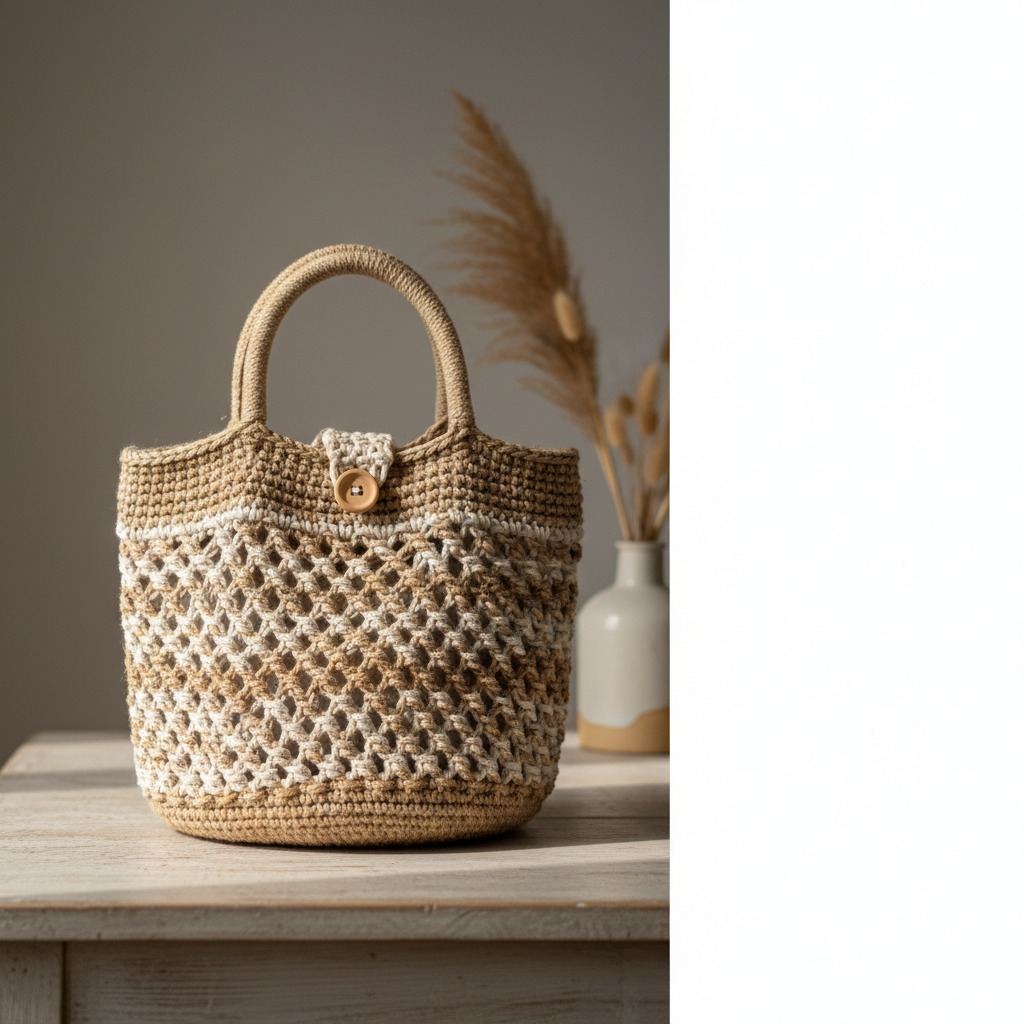 Borsa in tessuto beige e bianco lavorata all'uncinetto con manici rigidi e chiusura a bottone poggiata su un tavolo di legno.